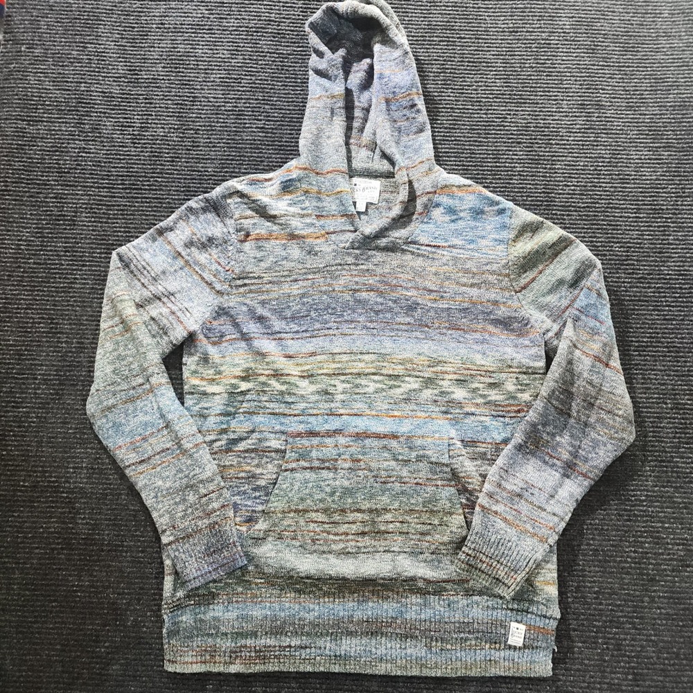 Lucky Brand Baja Hoodie Mens L Striped Knit Pullover Sweater Surf Boho Pocket